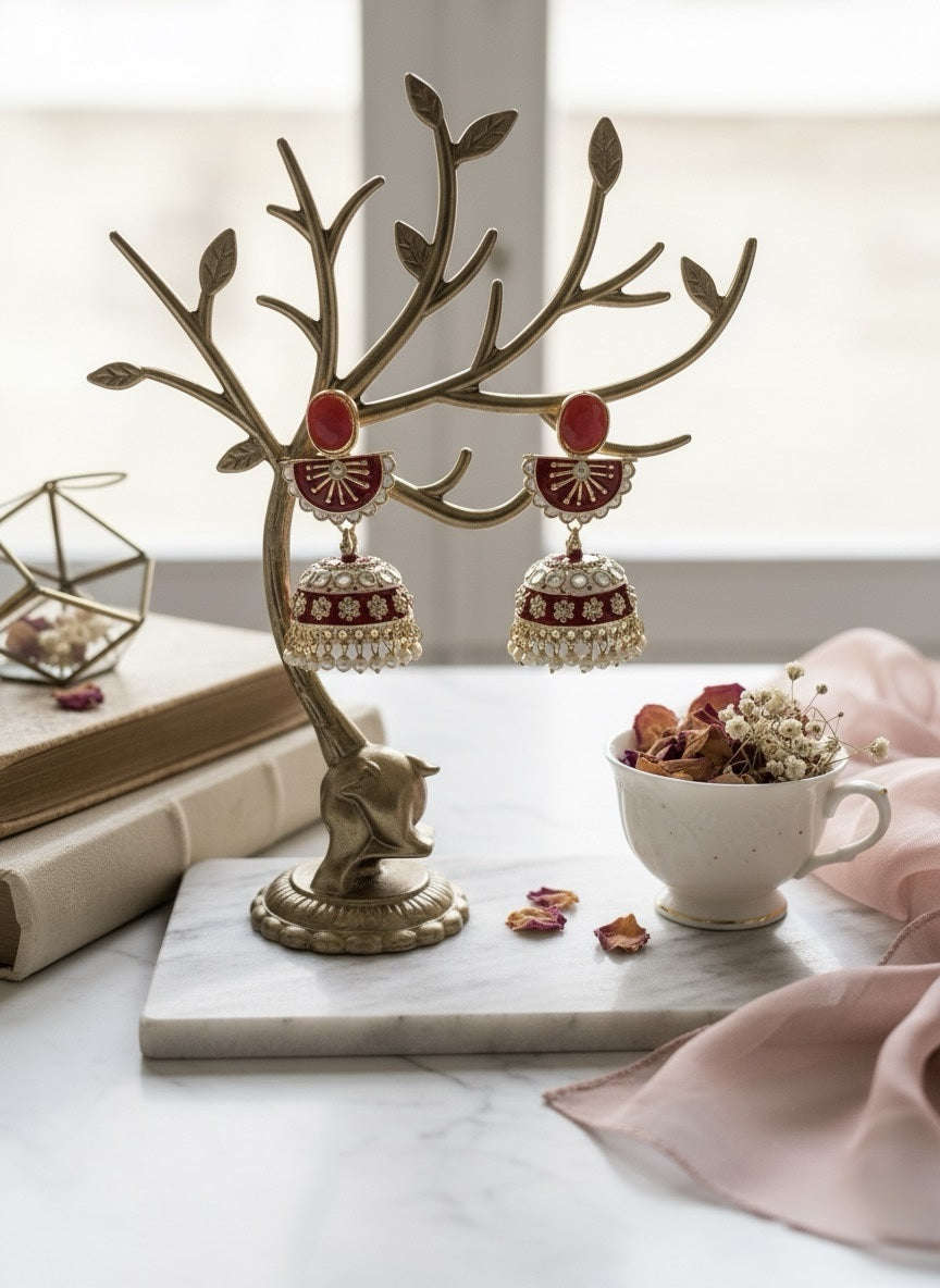 Jhumka Earrings with Meenakari and Pearl Drops image 0