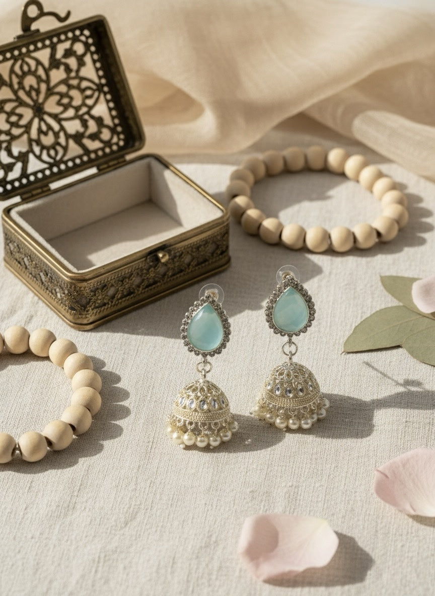 Elegant Pastel Jhumka Earrings – Traditional Gold-Plated Filigree Drop Earrings with Pearl Accents image 1