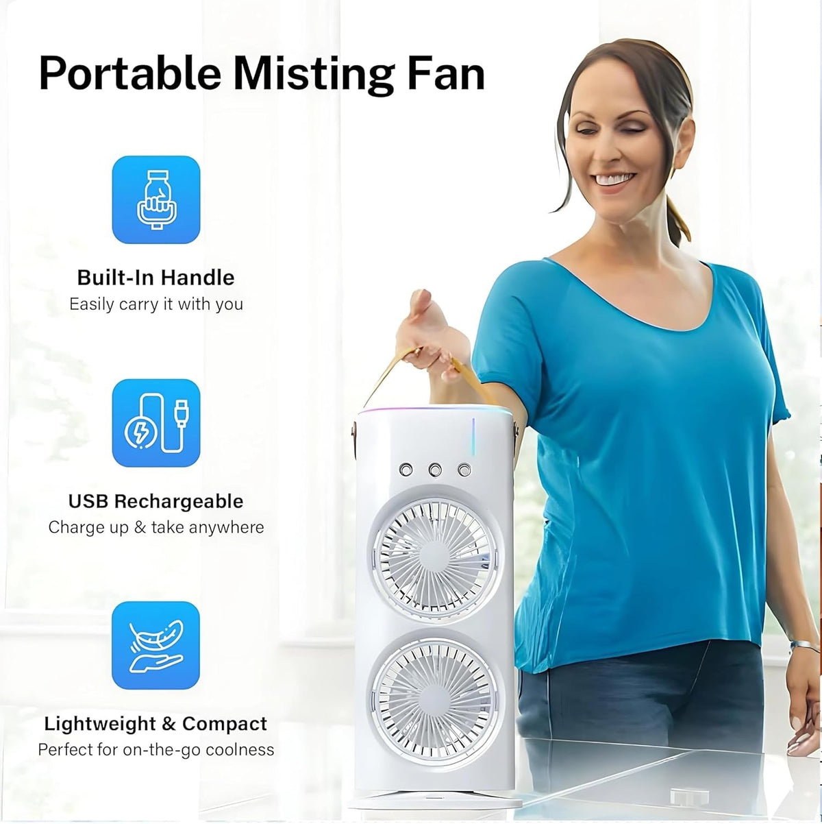Portable Double Ended Spray Fan with Misting | USB Rechargeable Mini Air Cooler with LED Light | 3 Speed Cooling Fan with 280ml Water Tank (Multicolor) image 5