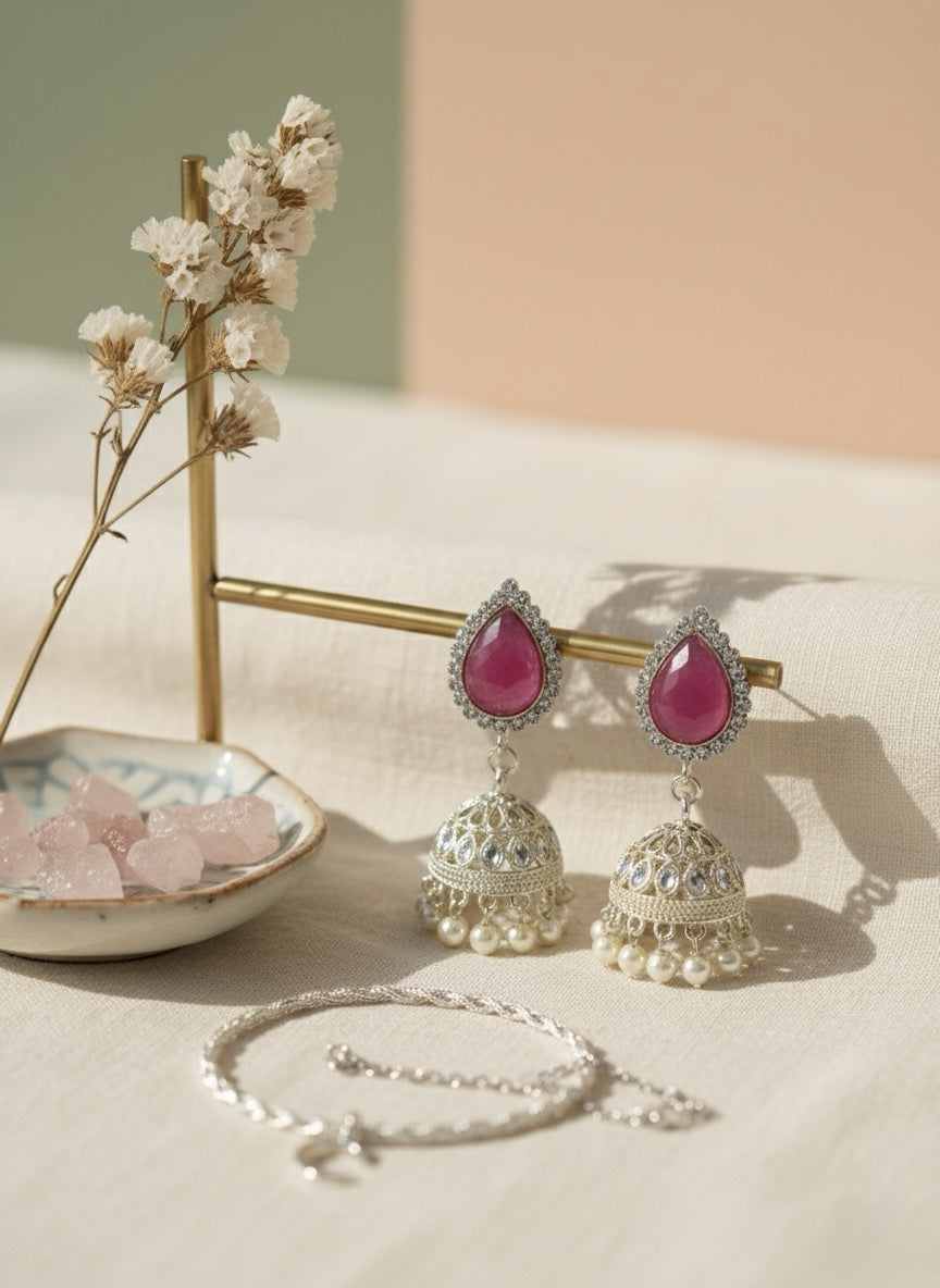 Elegant Pastel Jhumka Earrings – Traditional Gold-Plated Filigree Drop Earrings with Pearl Accents - Maroon image