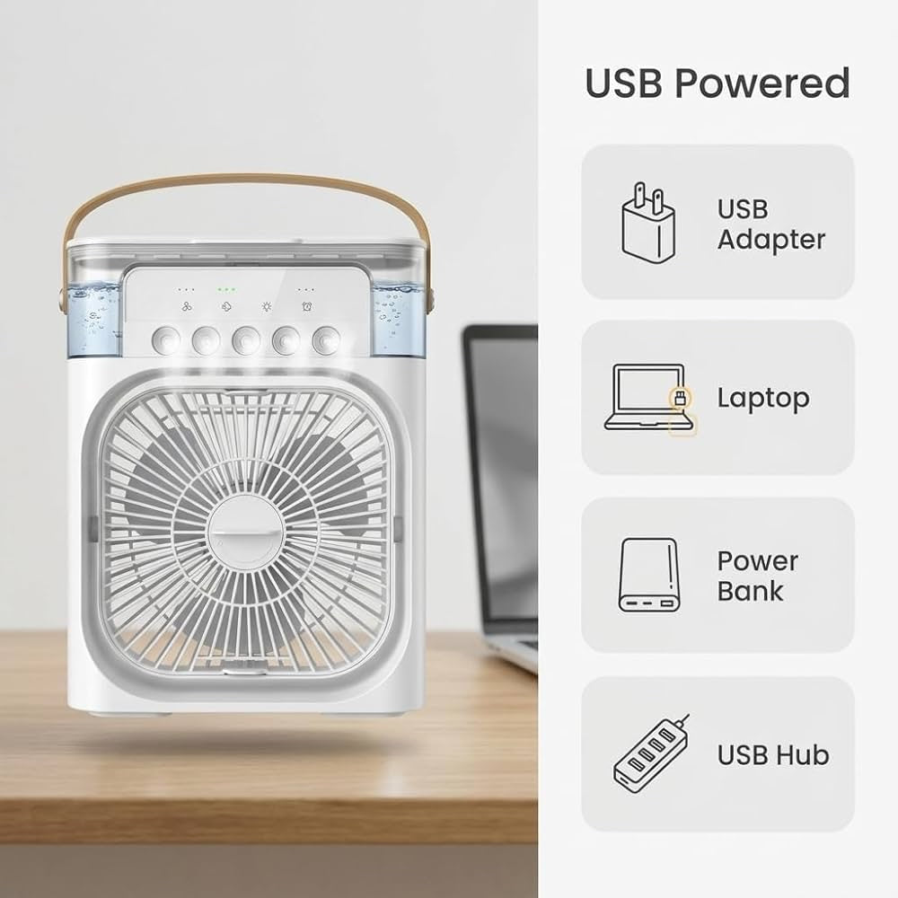 Portable Air Cooler Fan with Mist Spray, USB Powered Desktop Portable Cooling Fan, 60° Adjustable Mini Evaporative Cooler with Timer image 3