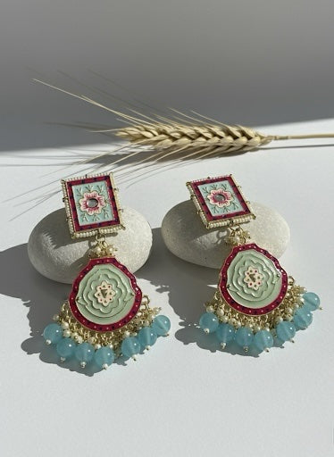 Handcrafted Meenakari Jhumka Earrings with Mint Green Beads &amp; Floral Motif image 1