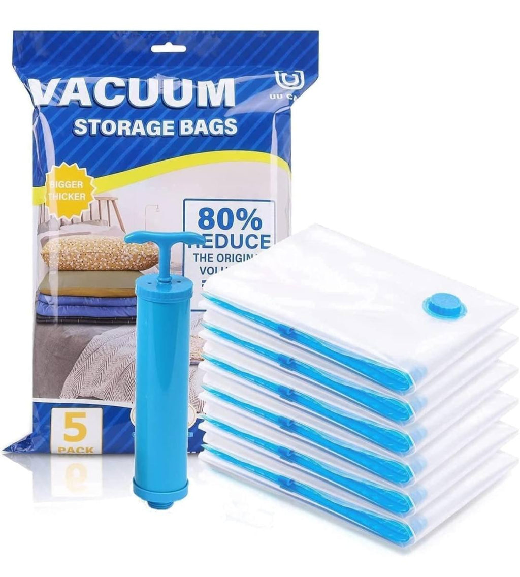 5-Pack Vacuum Storage Bags with Travel Hand Pump | Heavy-Duty Space Saving Bags for Clothes, Blankets, and Bedding image 0