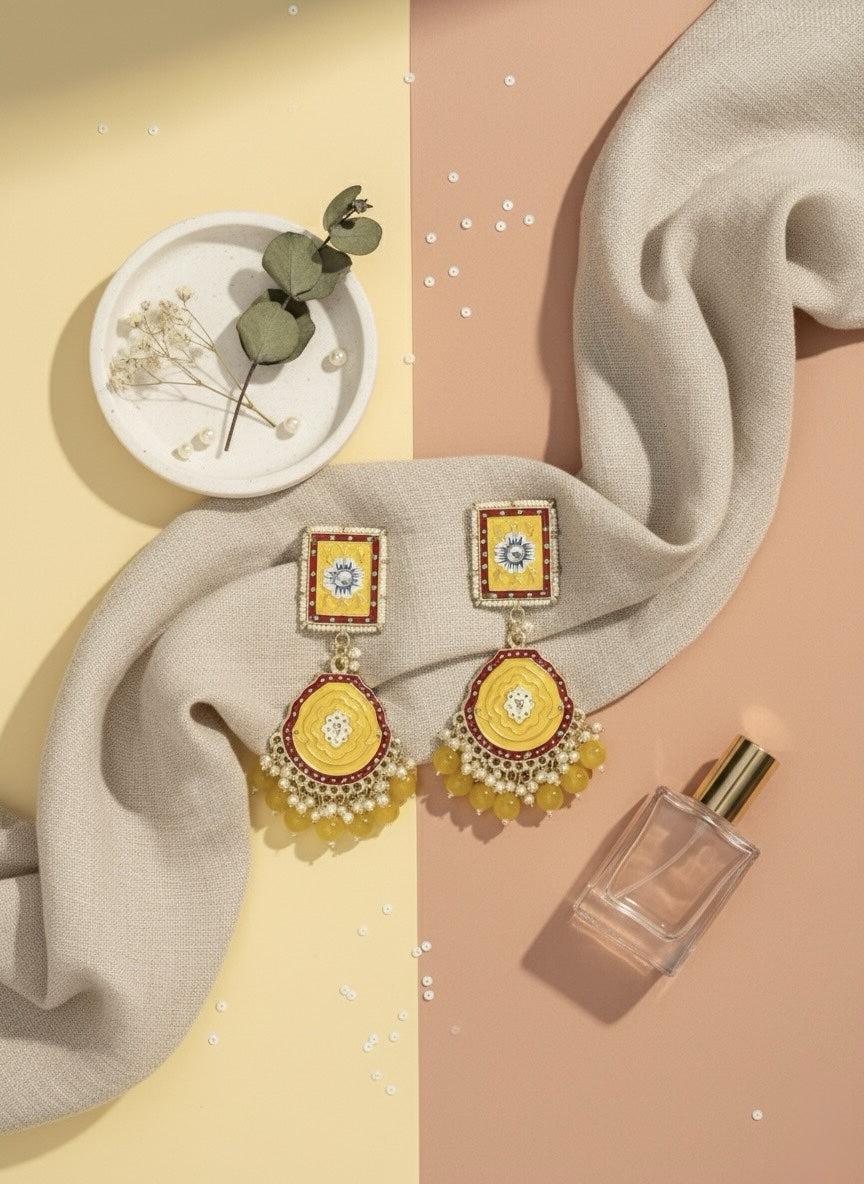 Handcrafted Meenakari Jhumka Earrings with Mint Green Beads &amp; Floral Motif - Mustard image
