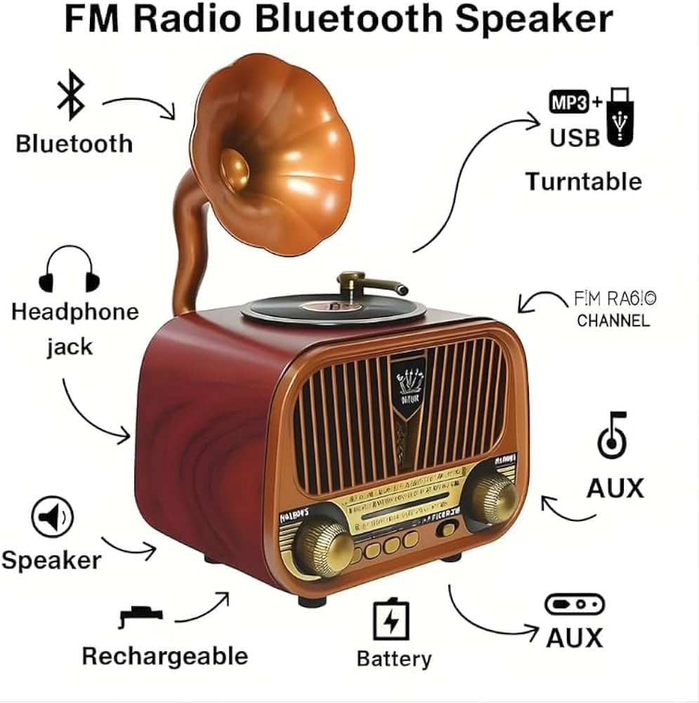 Vintage Gramophone Bluetooth Speaker • Retro Wooden Radio image 2