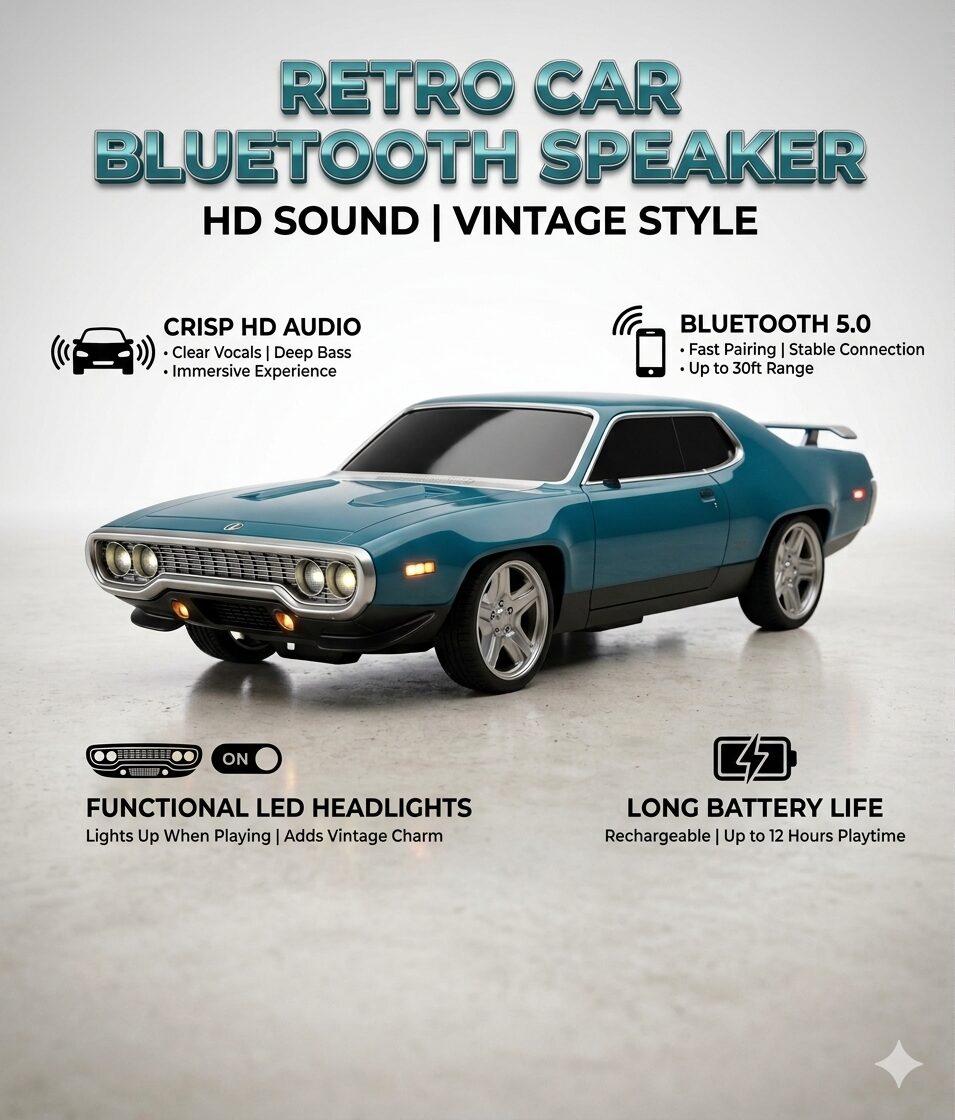Vintage Muscle Car Wireless Speaker | Retro Tabletop Bluetooth Sound System with LED Lights image 1
