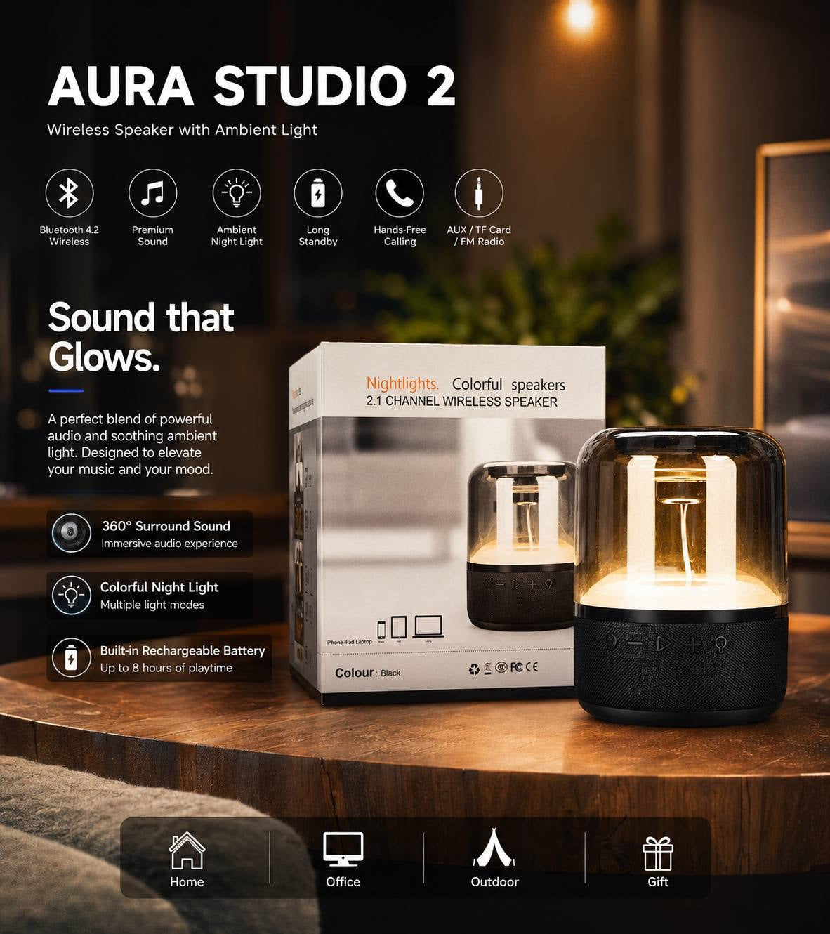 Portable Bluetooth Speaker with LED Light – 2.1 Channel Stereo Bass Wireless Speaker, Transparent Ambient Desktop Speaker for Home, Office, and Travel. image 0
