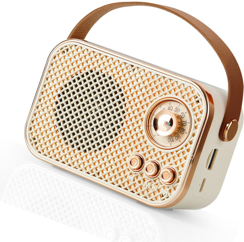 Retro Bluetooth Speaker with Leather Strap – Vintage Portable Wireless Radio, Mesh Grille, Rose Gold Accents | Compact Rechargeable Desk Speaker image 0