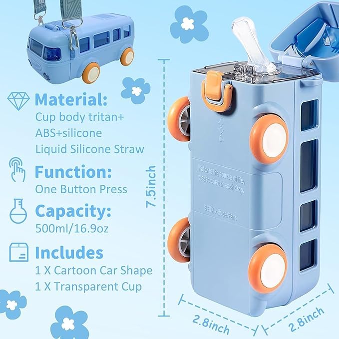 Bus-Shaped Children's Water Bottle with Carrying Strap image 2