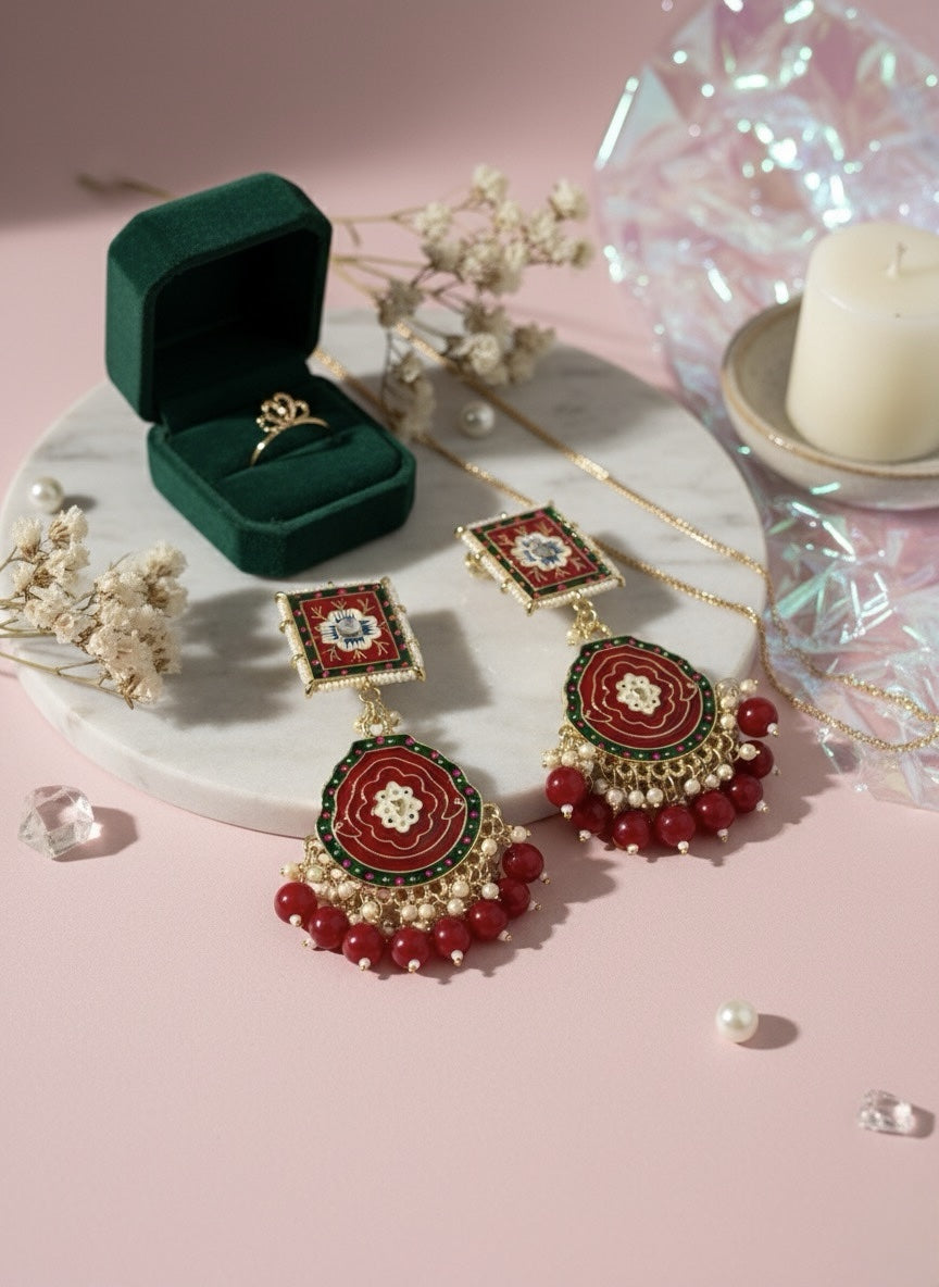 Handcrafted Meenakari Jhumka Earrings with Mint Green Beads &amp; Floral Motif - Maroon image