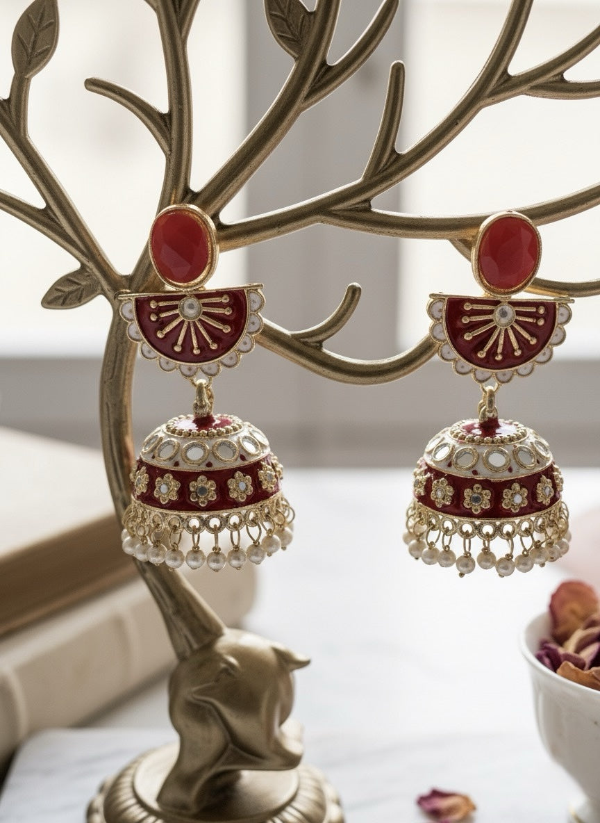 Jhumka Earrings with Meenakari and Pearl Drops image 1