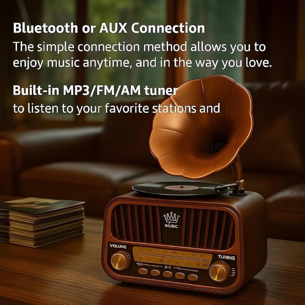 Vintage Gramophone Bluetooth Speaker • Retro Wooden Radio image 1