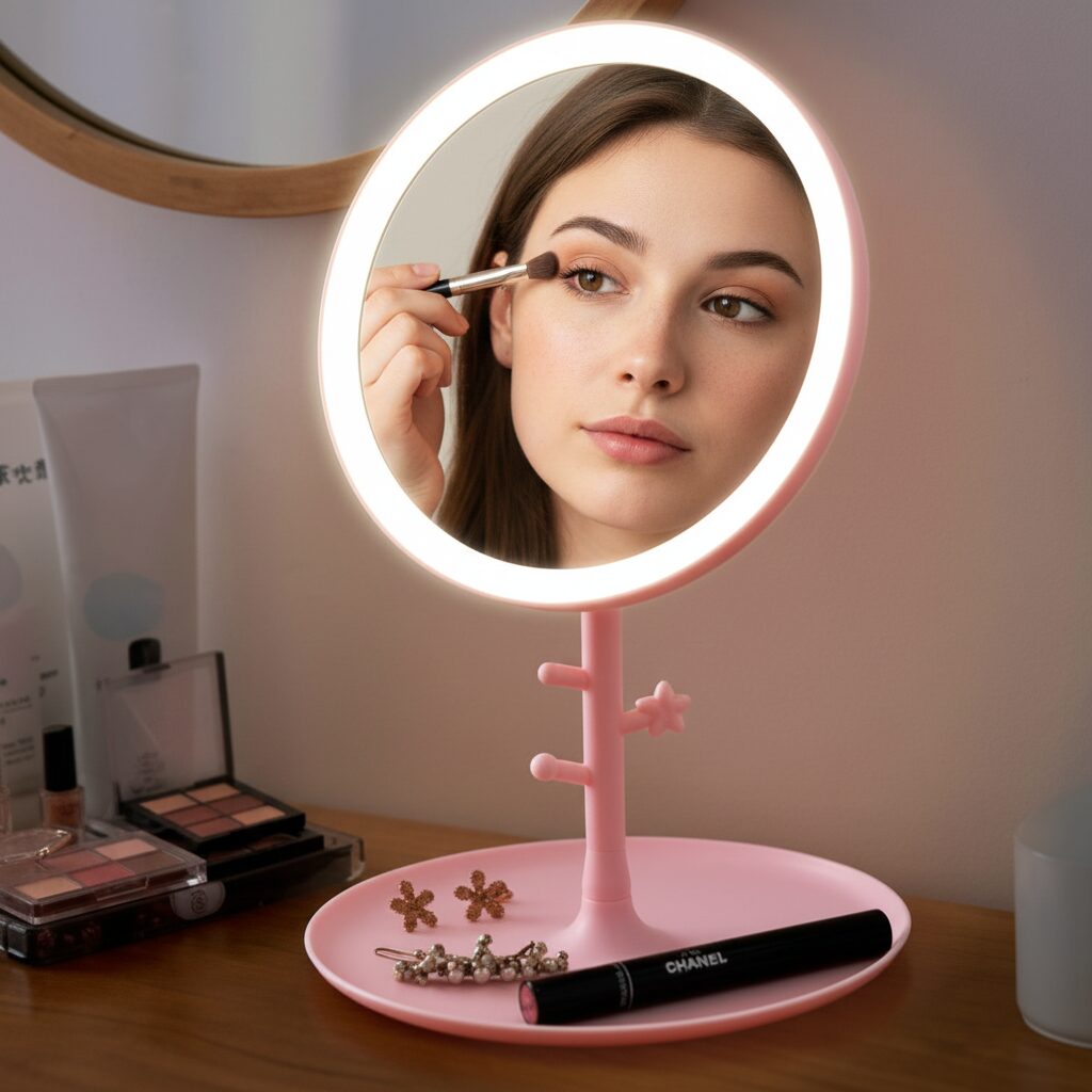 LED Vanity Mirror with Jewellery Organizer Stand – 180 Degree Rotation image 0
