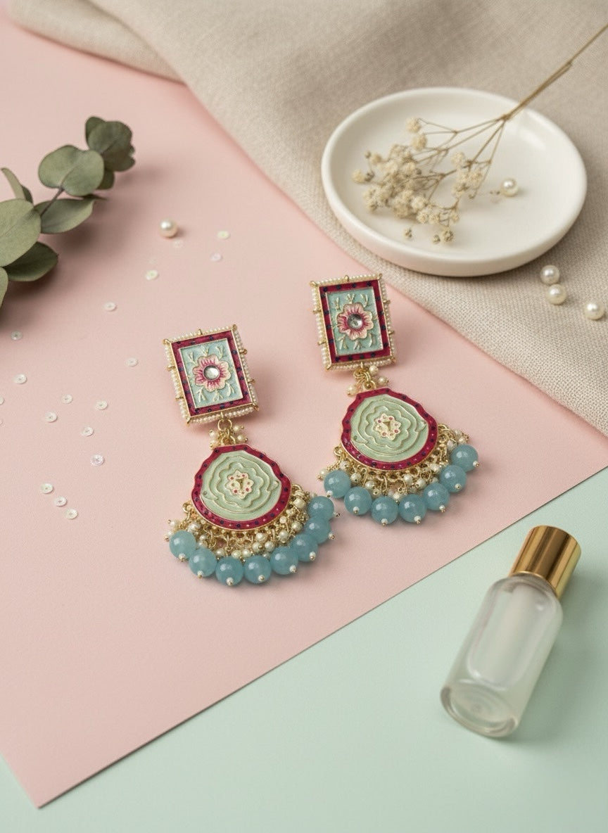 Handcrafted Meenakari Jhumka Earrings with Mint Green Beads &amp; Floral Motif image 0