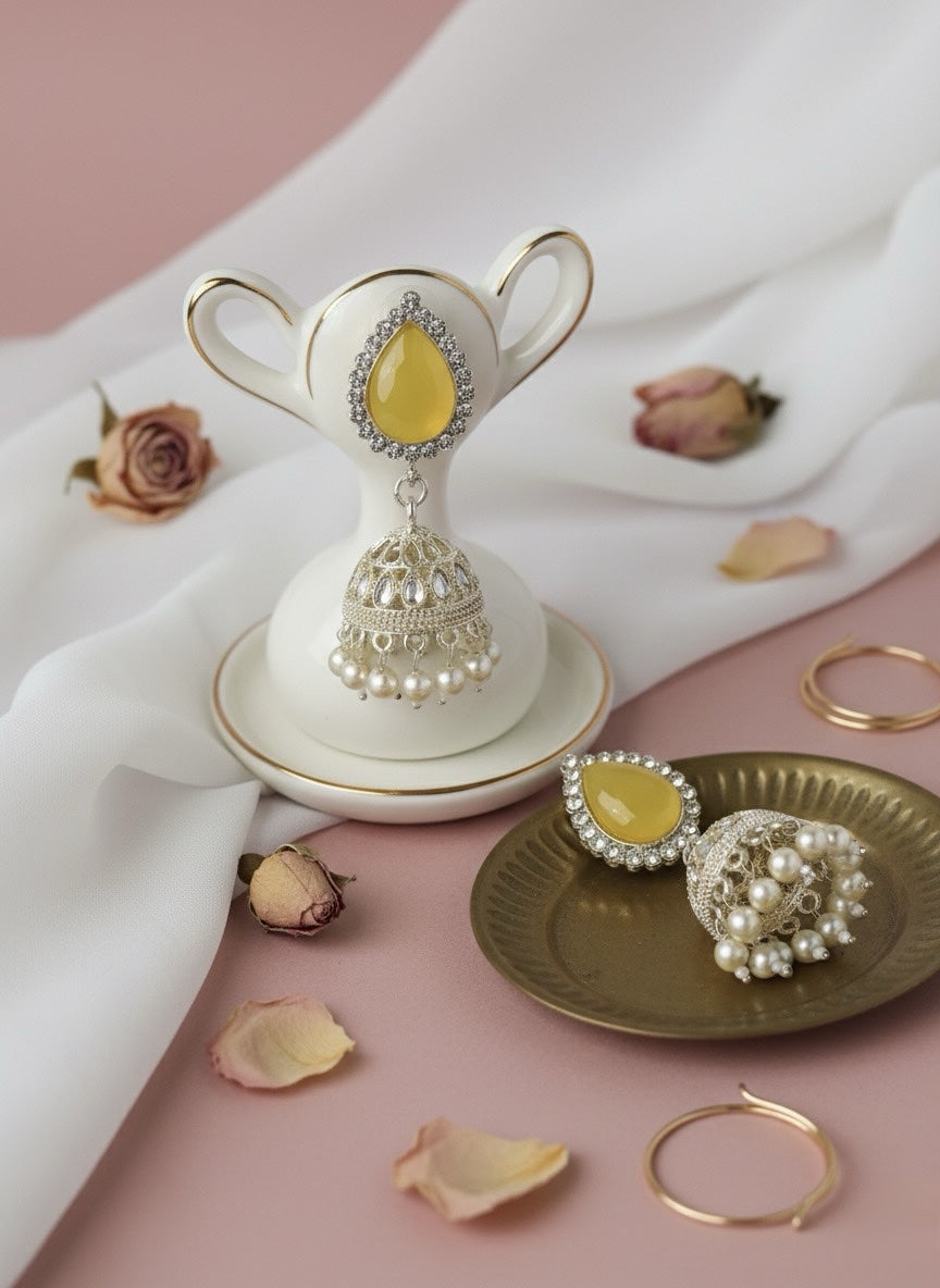 Elegant Pastel Jhumka Earrings – Traditional Gold-Plated Filigree Drop Earrings with Pearl Accents - Yellow image