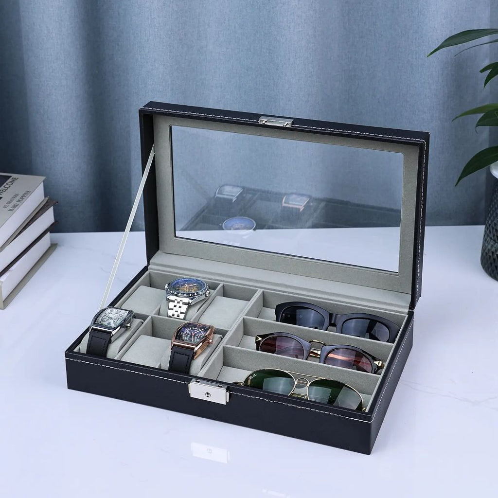 Unisex Watch Box and Sunglass Case Organizer with 6 Slots for Watches and 3 Slots for Sunglasses image 0