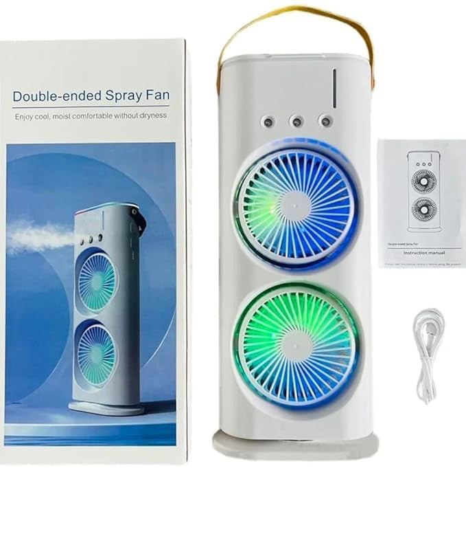 Portable Double Ended Spray Fan with Misting | USB Rechargeable Mini Air Cooler with LED Light | 3 Speed Cooling Fan with 280ml Water Tank (Multicolor) image 0