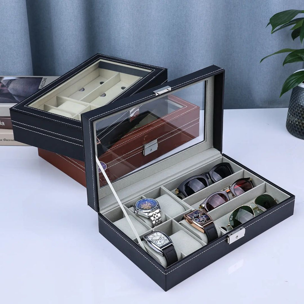 Unisex Watch Box and Sunglass Case Organizer with 6 Slots for Watches and 3 Slots for Sunglasses image 1