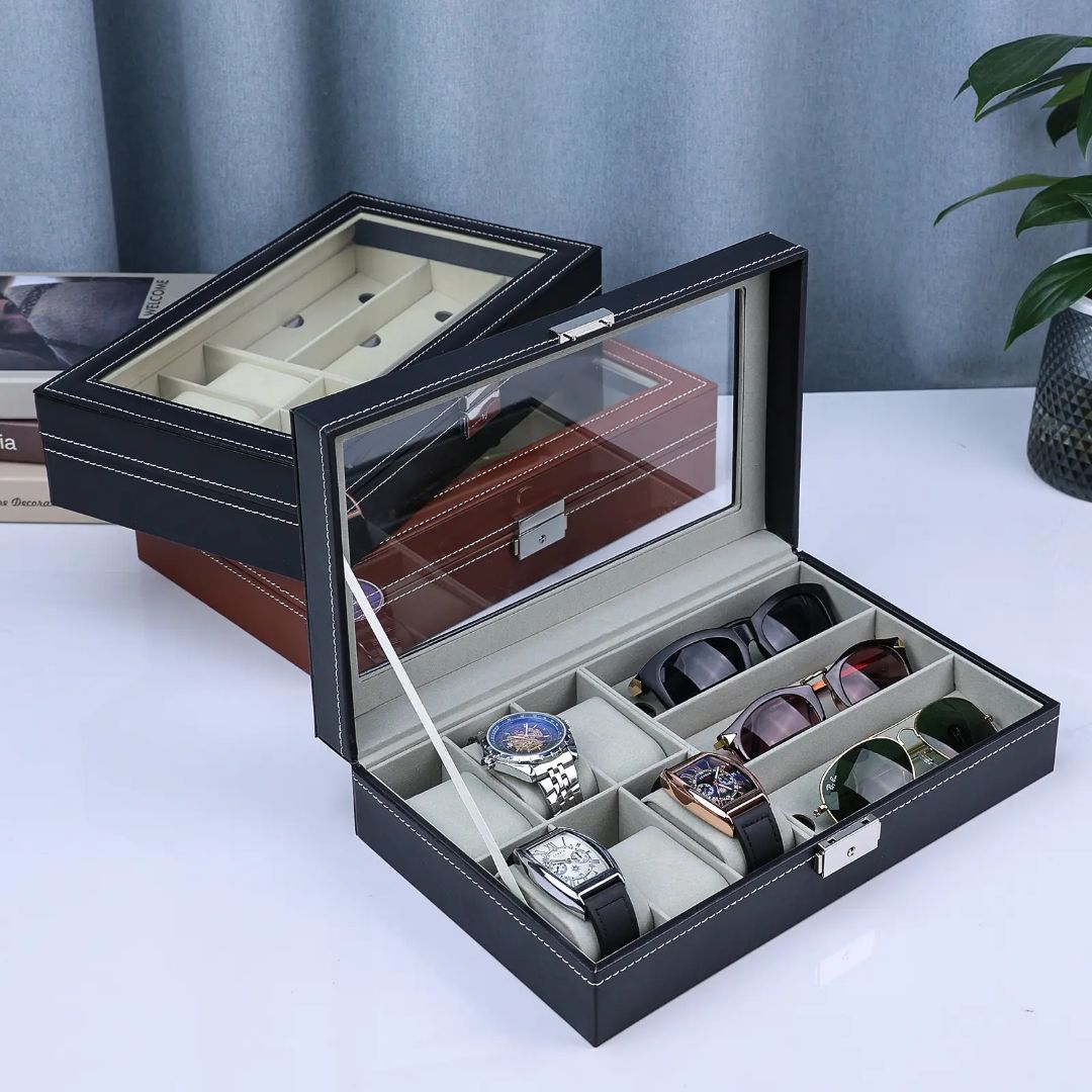 Unisex Watch Box and Sunglass Case Organizer with 6 Slots for Watches and 3 Slots for Sunglasses image 1