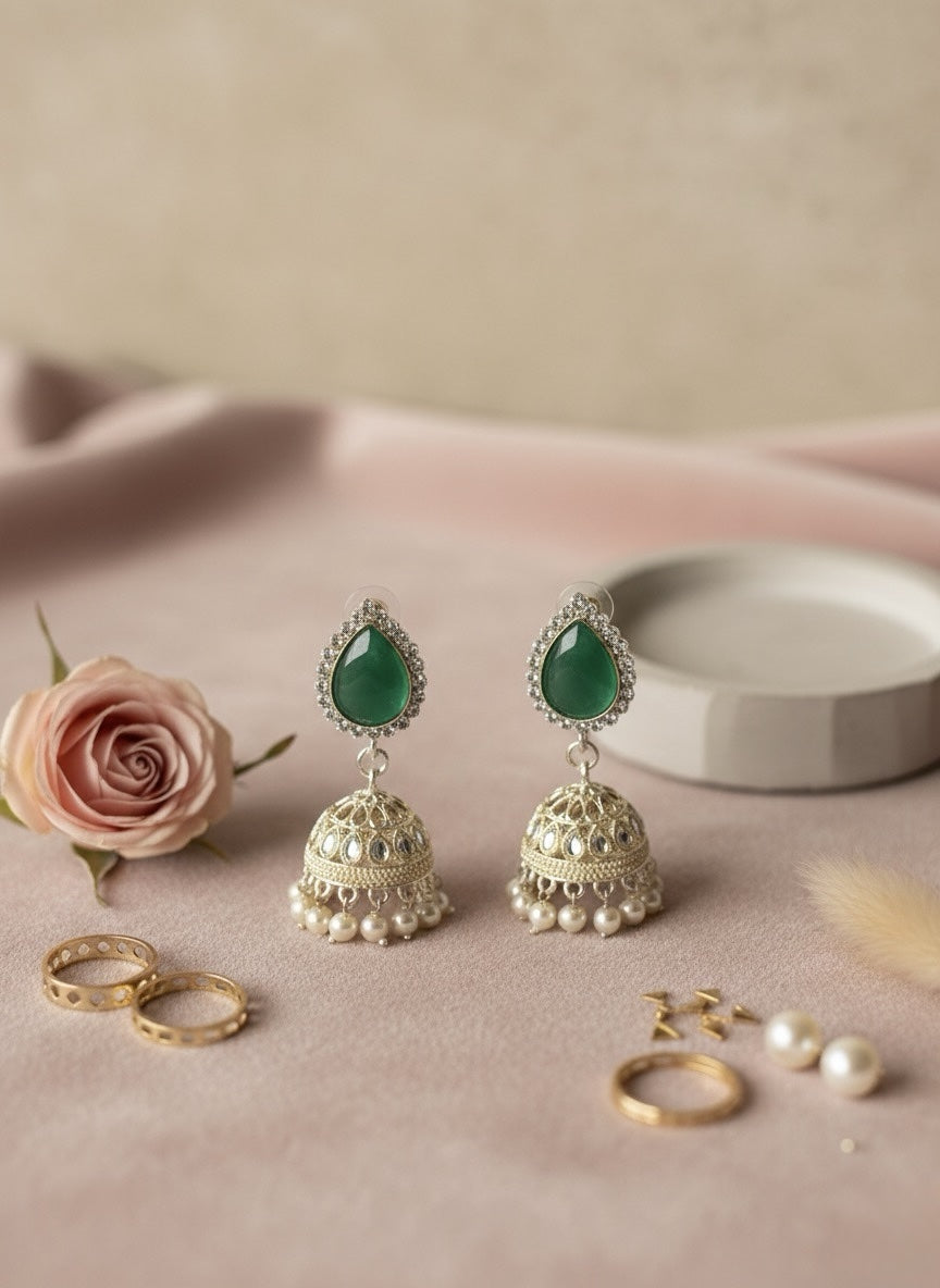 Elegant Pastel Jhumka Earrings – Traditional Gold-Plated Filigree Drop Earrings with Pearl Accents - Green image