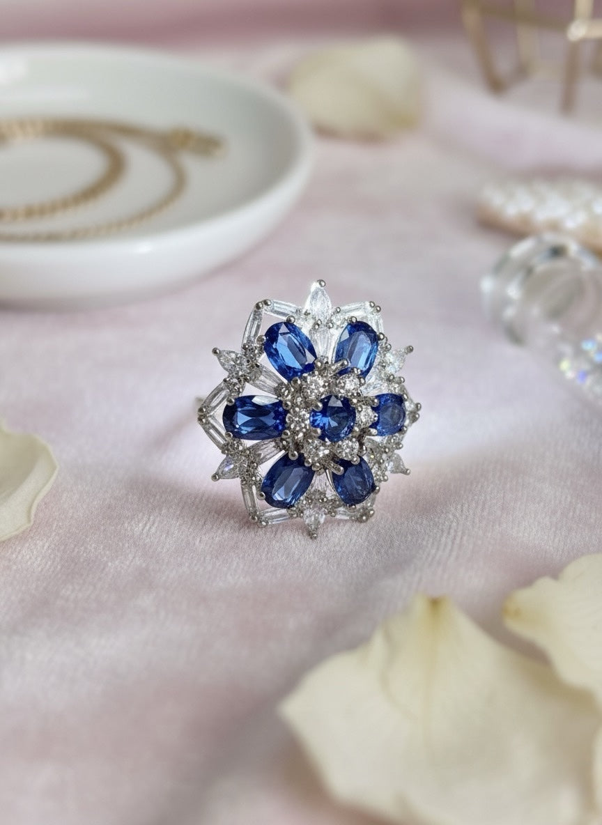 Vintage-Inspired Blue Sapphire and Diamond Floral Snowflake Statement Ring image 1