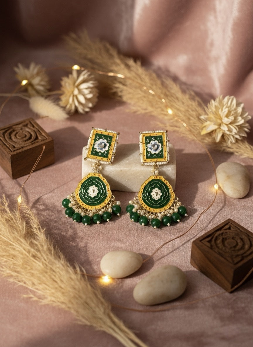 Handcrafted Meenakari Jhumka Earrings with Mint Green Beads &amp; Floral Motif - Pastel Green image