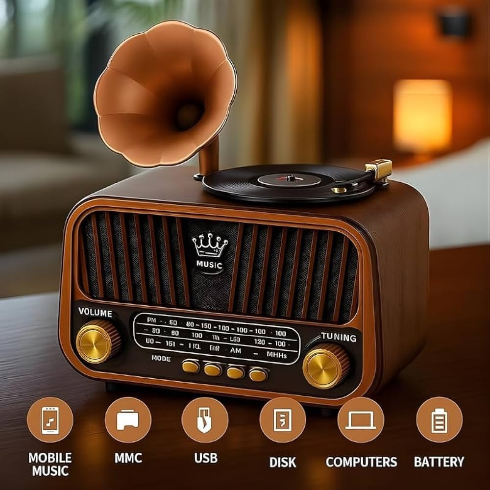 Vintage Gramophone Bluetooth Speaker • Retro Wooden Radio image 4