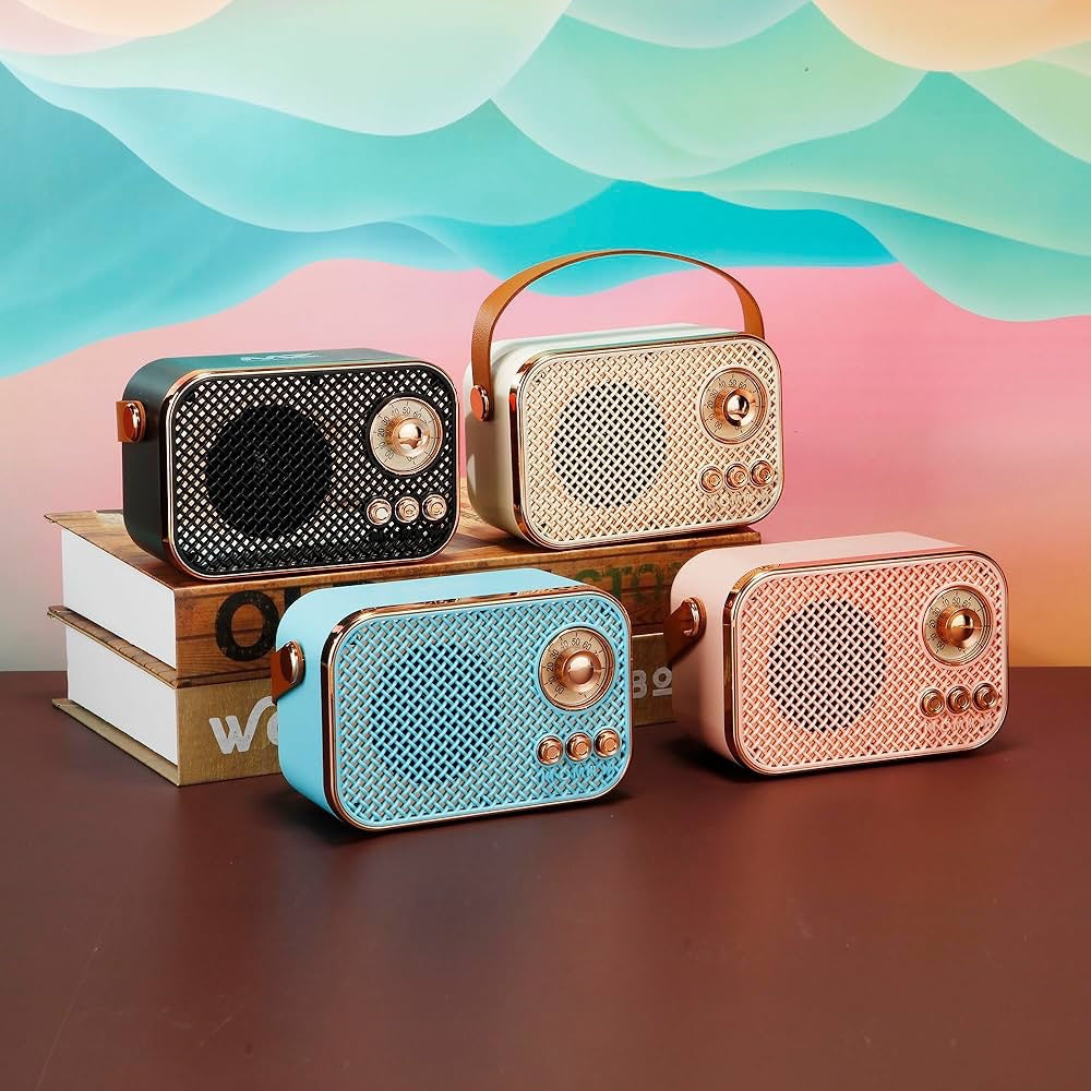 Retro Bluetooth Speaker with Leather Strap – Vintage Portable Wireless Radio, Mesh Grille, Rose Gold Accents | Compact Rechargeable Desk Speaker image 1
