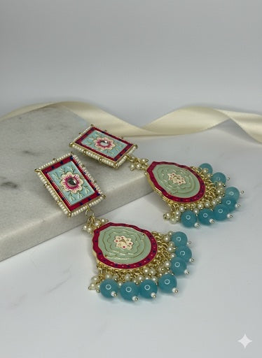 Handcrafted Meenakari Jhumka Earrings with Mint Green Beads &amp; Floral Motif image 3