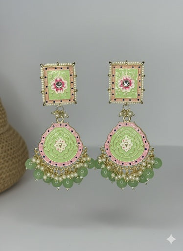 Handcrafted Meenakari Jhumka Earrings with Mint Green Beads &amp; Floral Motif - Mint Green image