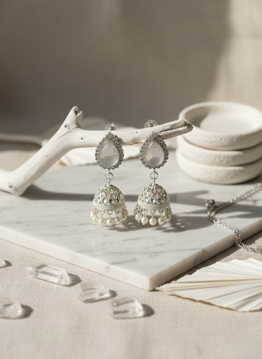 Elegant Pastel Jhumka Earrings – Traditional Gold-Plated Filigree Drop Earrings with Pearl Accents - White image