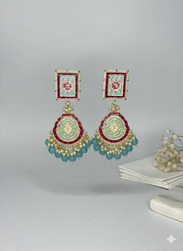 Handcrafted Meenakari Jhumka Earrings with Mint Green Beads &amp; Floral Motif image 2